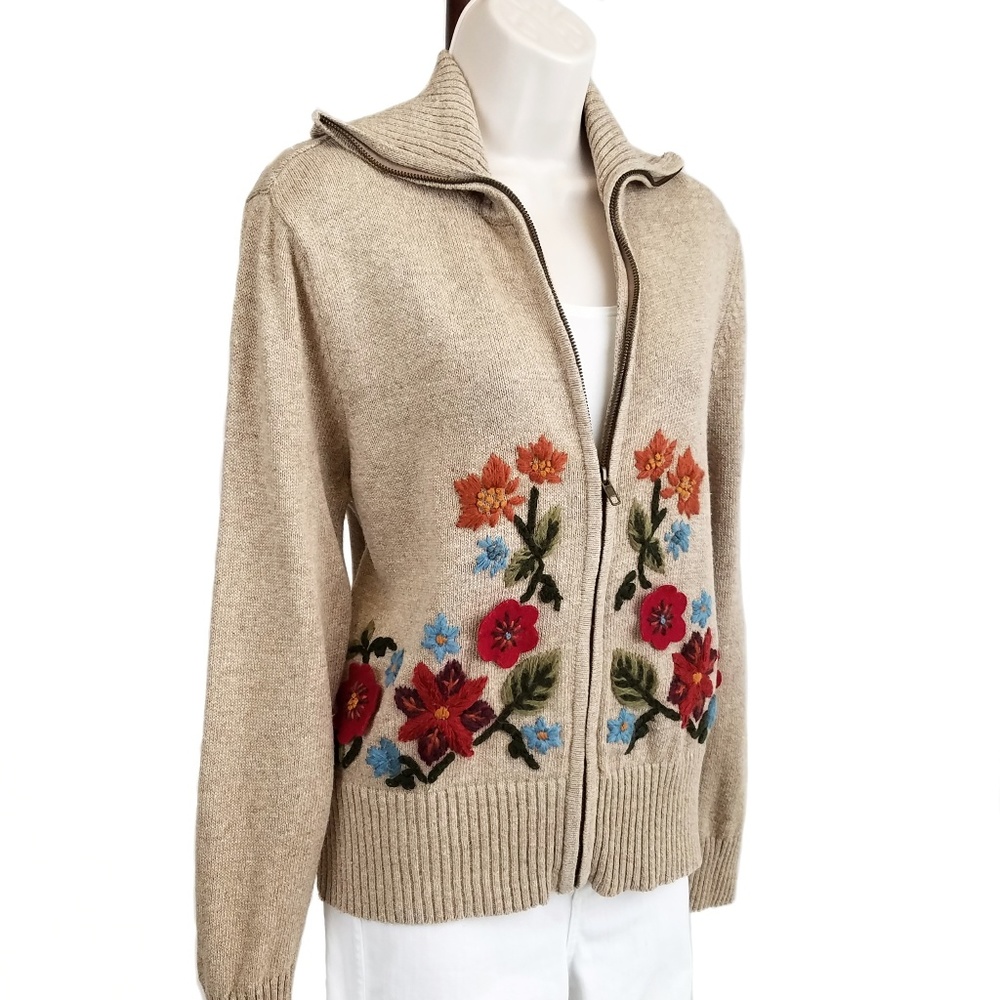 Tiara Int'l cardigan zip front tan floral M